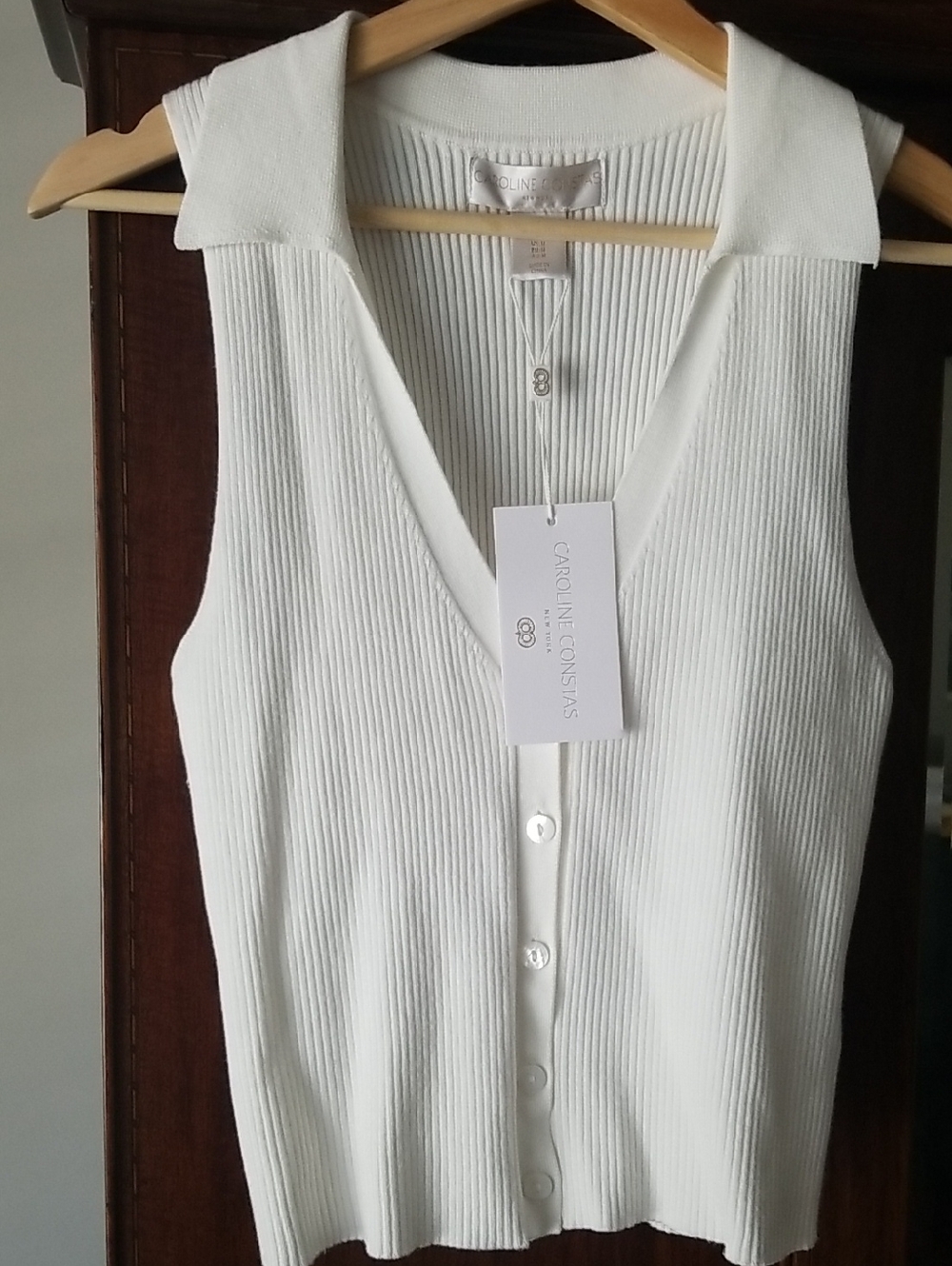 NEW! Caroline Constas White Ribbed Button-Front Sleeveless Polo Top